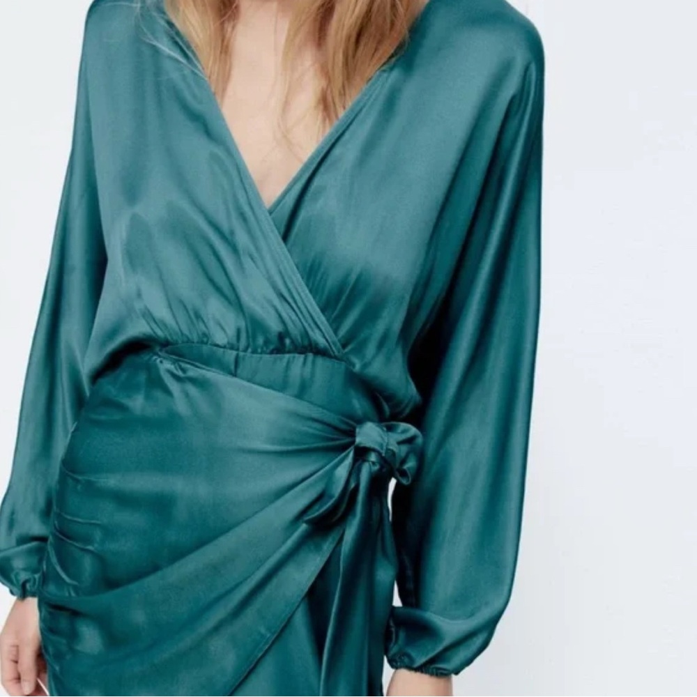 Zara Teal Satin Wrap Mini Dress